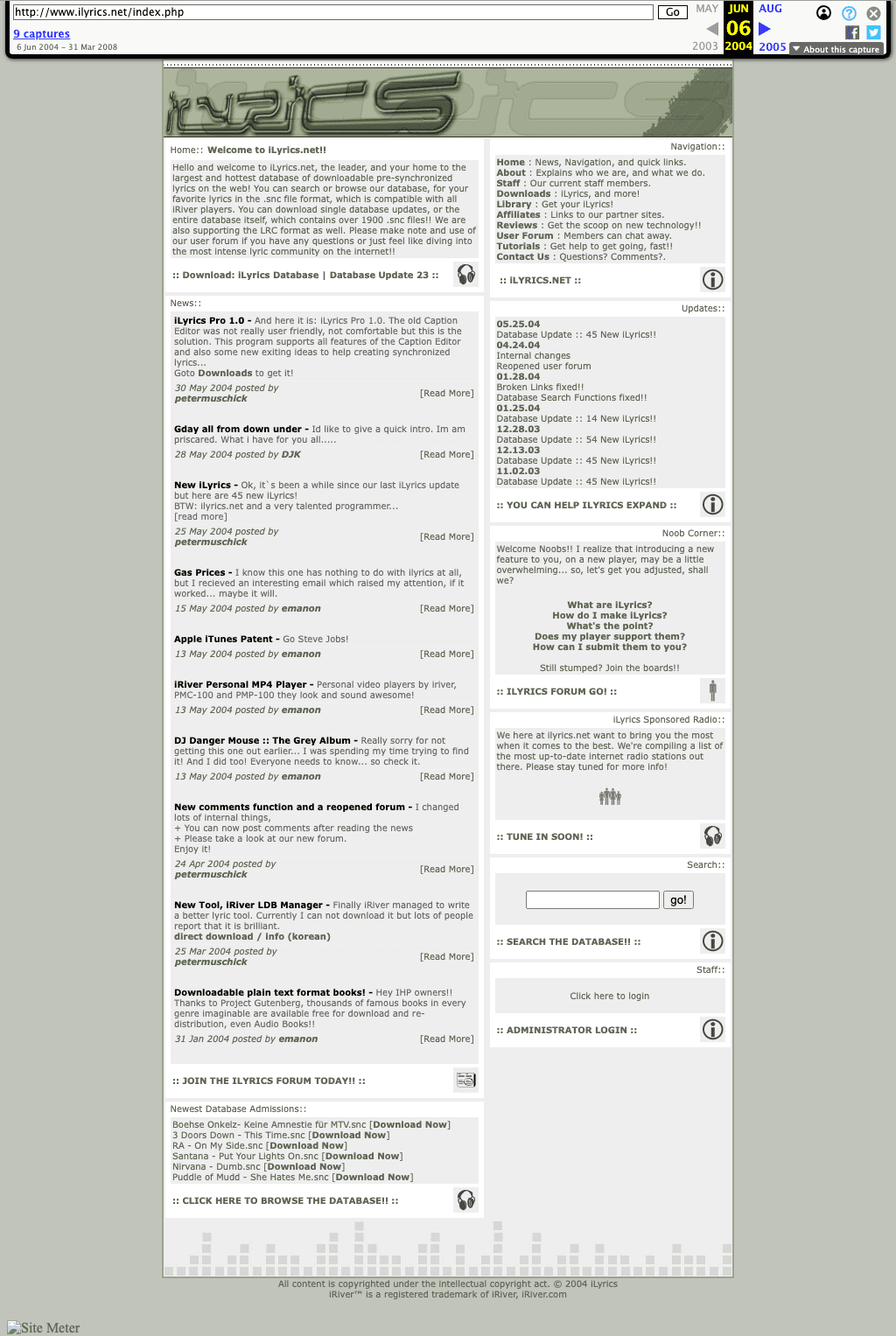 iLyrics.net homepage, June 2004 (Internet Archive)